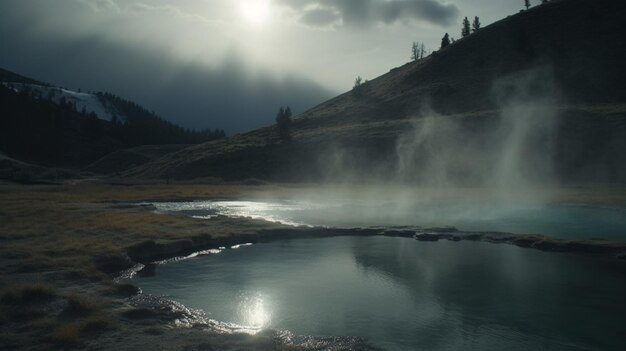 A foggy landscape with a mountain and a river in the foreground.