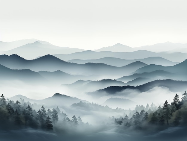 Foggy landscape with mountains in the background