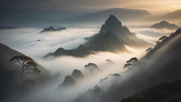 A foggy landscape with mountains in the background