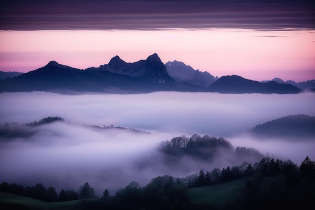 A foggy landscape with mountains in the background