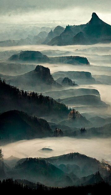 山を背景に霧のかかった風景。