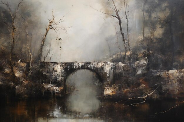 Foggy landscape with a stone bridge over the river in the forest