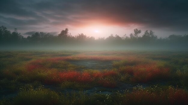 A foggy landscape with a sunset in the background