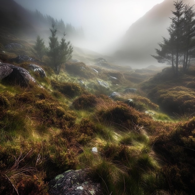 A foggy landscape with trees and mountains in the background.