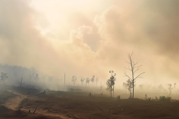 A foggy landscape with trees and smoke in the foreground.