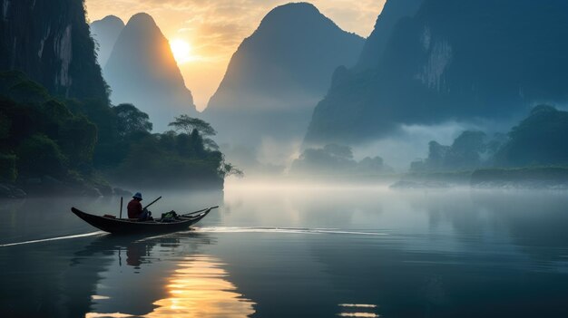 Foggy late afternoon at Li River with mountains' reflections