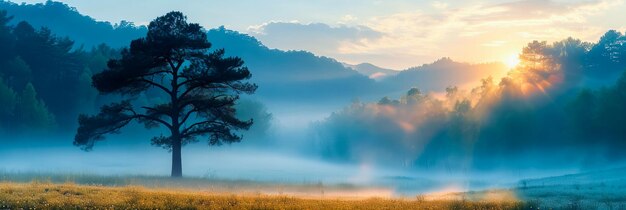 Foggy Meadow Enchanting Sunrise