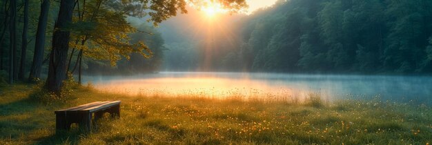 Photo foggy meadow enchanting sunrise