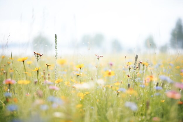 霧の草原で野花がほとんど見えない