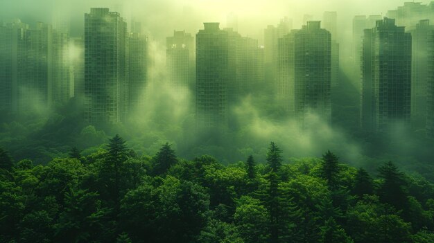 Foggy and misty forest with tall buildings in the background