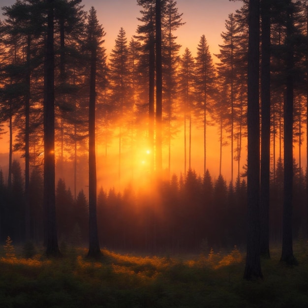 秋の森の霧の朝 森の日の出