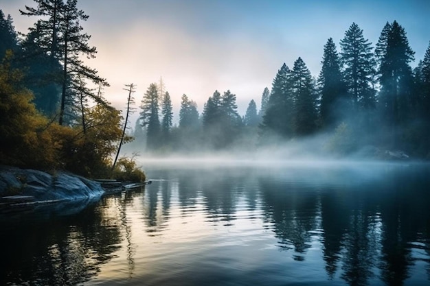 A foggy morning by the lake