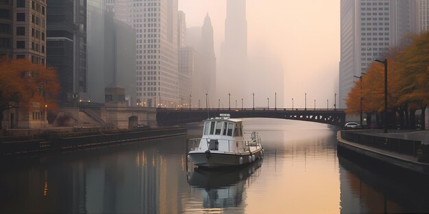 A foggy morning in Chicago the city skyline partially obscured by mist the river Generative ai