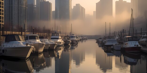 A foggy morning in Chicago the city skyline partially obscured by mist the river Generative ai