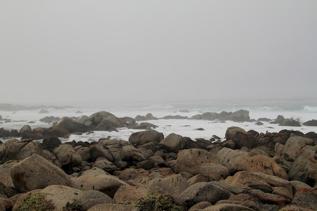 海の海岸の霧の朝