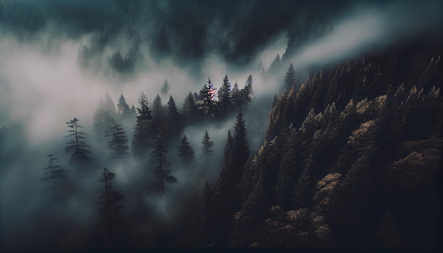 Foggy morning in the coniferous forest generative ai