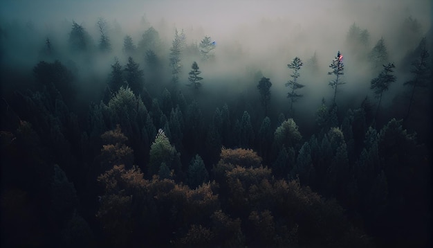 Foggy morning in the coniferous forest generative ai