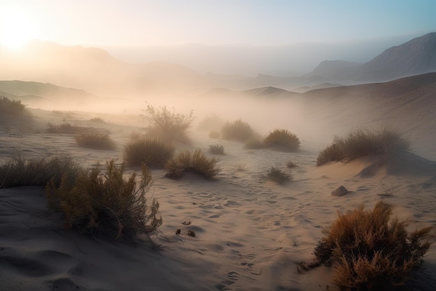 Foggy morning in the desert with rolling dunes and mist rising from the sand