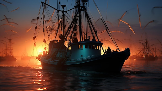 a foggy morning at a dock with silhouettes of fishing Ai generated