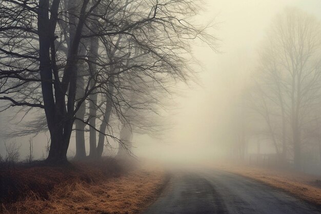 森の霧の朝 霧の道