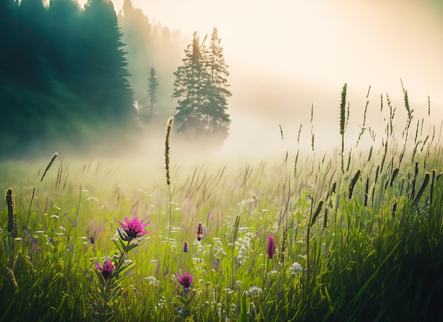 Photo foggy morning in green pasture with tall grass wildflowers