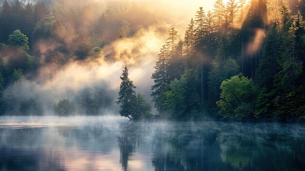 Foggy morning on the lake in the forest Beautiful landscape