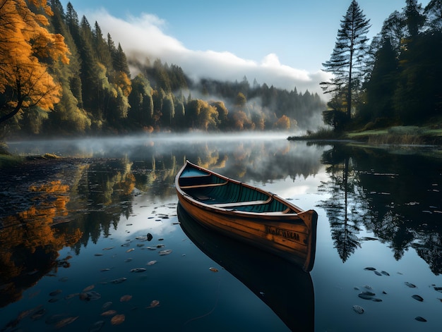 Туманное утро на озере с деревянной лодкой и осенними листьями
