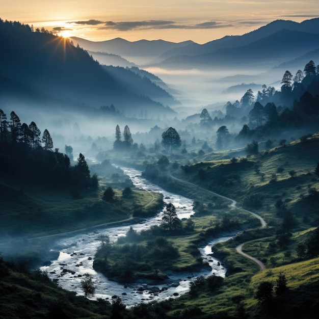 Foggy morning landscape in the mountains