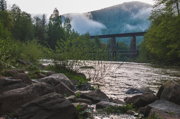 Foggy morning on a mountain river with a bridge and rocks