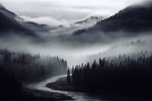 Foggy morning in the mountains Landscape with river and forest