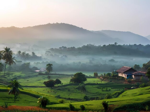 Photo a foggy morning in the mountains with a house in the background