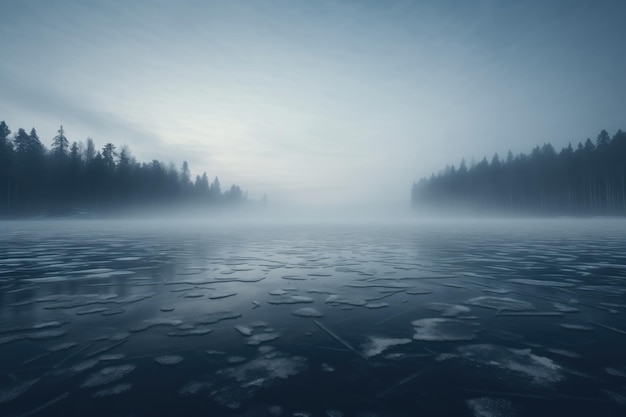 Фото Туманное утро на озере зимний пейзаж с замерзшим озером