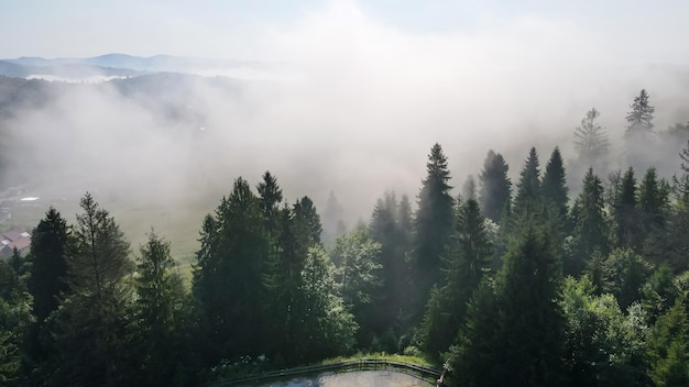 山の村の郊外の霧の朝