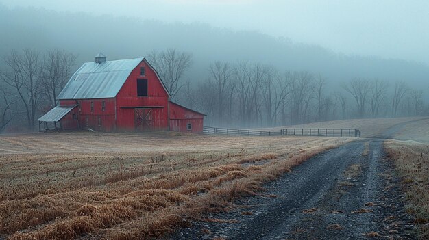 Photo foggy morning on a rural farm 169 wallpaper