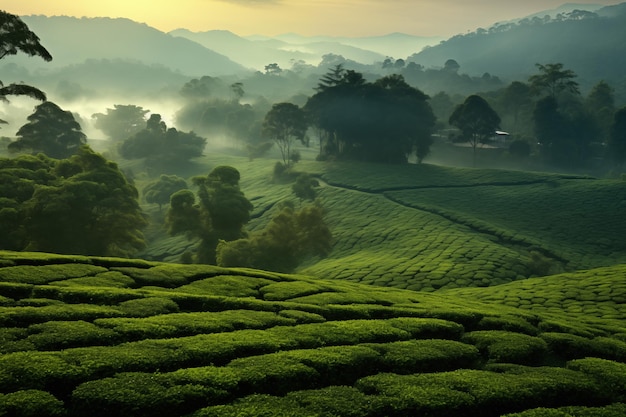 Foggy Morning in Tranquil Tea Garden Green Tea Estate Landscape