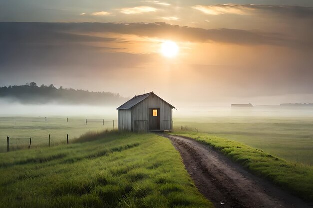 A foggy morning with a barn in the foreground and the sun setting behind it.