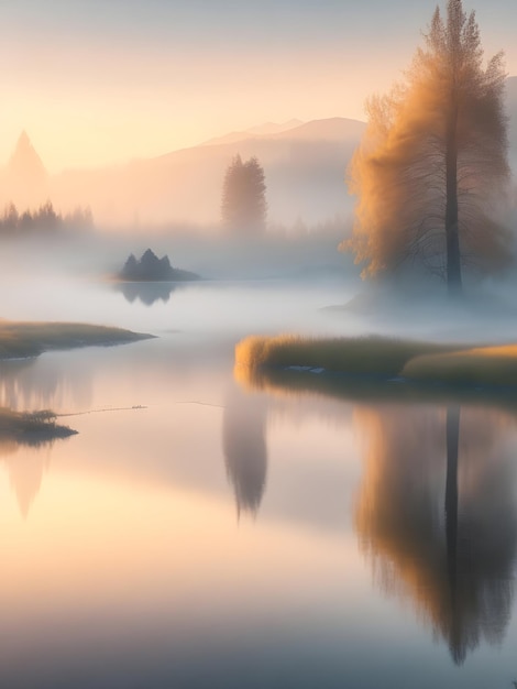 A foggy morning with a tree and mountains in the background.