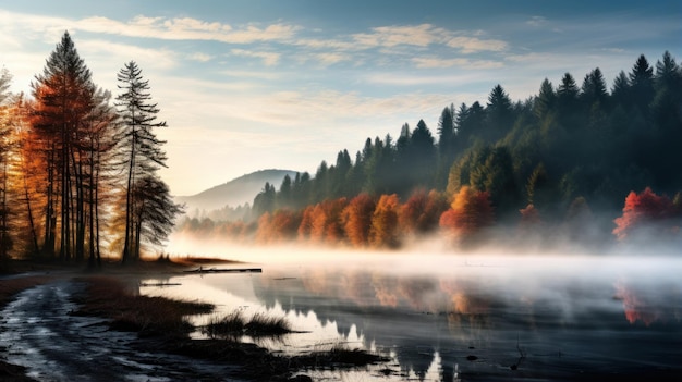 Foggy morning with trees changing colors