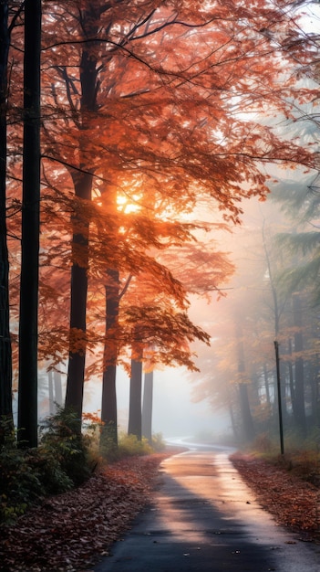 Foggy morning with trees changing colors