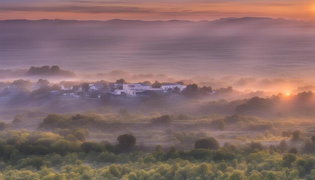 a foggy morning with a white house in the foreground