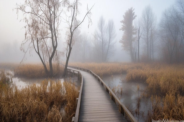 A foggy morning with a wooden bridge leading to a lake.