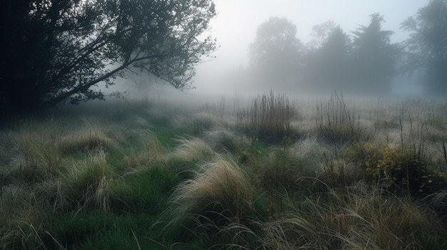 Foggy morning in the woods with a tree in the foreground