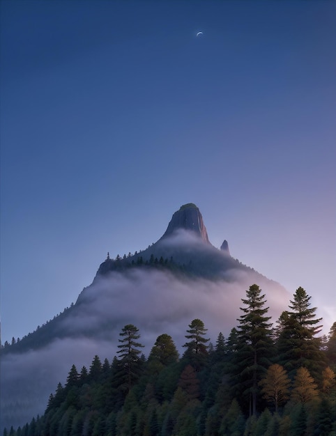 写真 森の中の霧の山と夕方の空