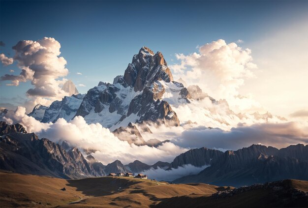 朝の霧の山の風景