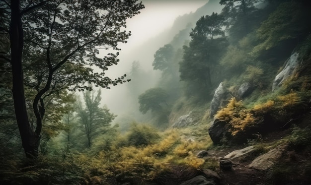 木々と「山」と書かれた小道のある霧の山の風景