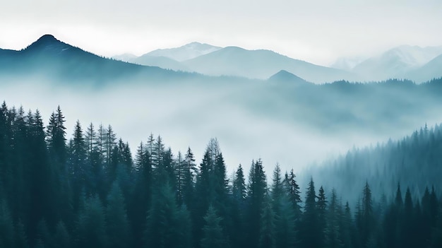 A foggy mountain range in the background