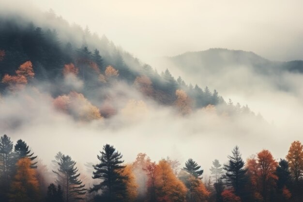 Foggy mountain with Autumn foliage landscape AI generated