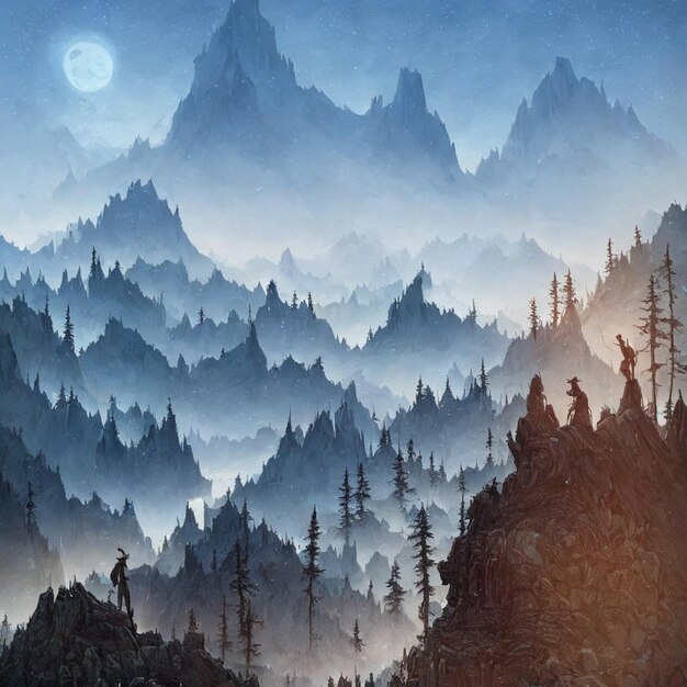 Photo foggy mountains and night sky in the forest