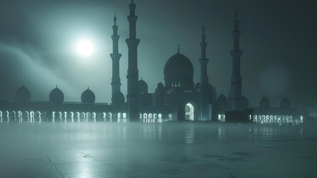 グランド・モスクの霧の夜 毎月のラマダンの祝いの一瞥