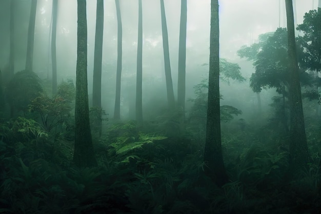 하얀 안개 3D 그림에서 안개가 자욱한 밤 정글 숲 어두운 나무